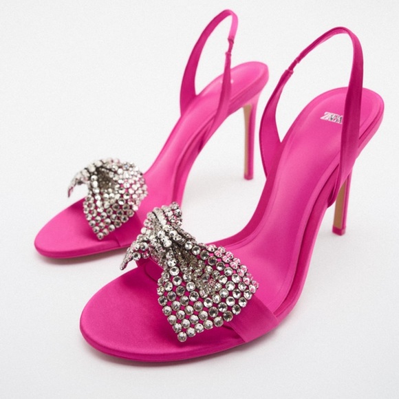 Zara Shoes Nwt Zara Embellished Rhinestones Bow High Heel Shoes Sandals Pink Bloggers Fav 8